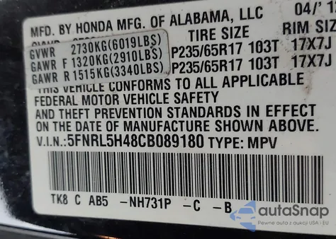 2012 Honda Odyssey Ex from USA, damaged, VIN 5FNRL5H48CB089180